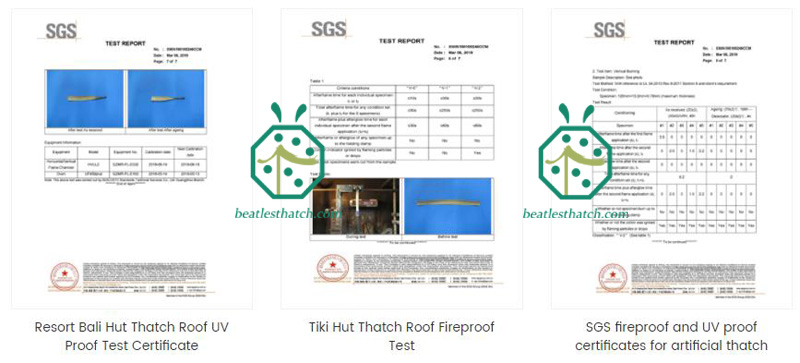 Fire retardant and UV proof test report for synthetic thatch roofing materials